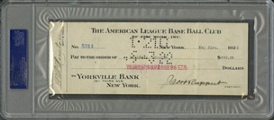 1922 Miller Huggins  Signed Yankees  PayrollCheck also signed by Ruppert